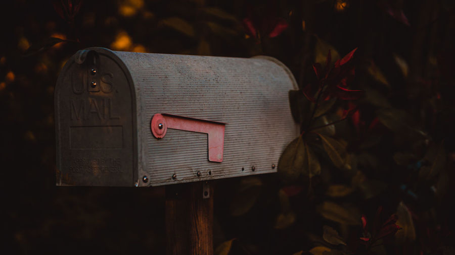Close-up of mailbox against trees