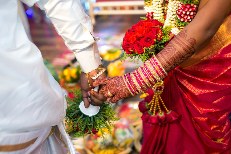Bride and groom performing traditional rituals in wedding