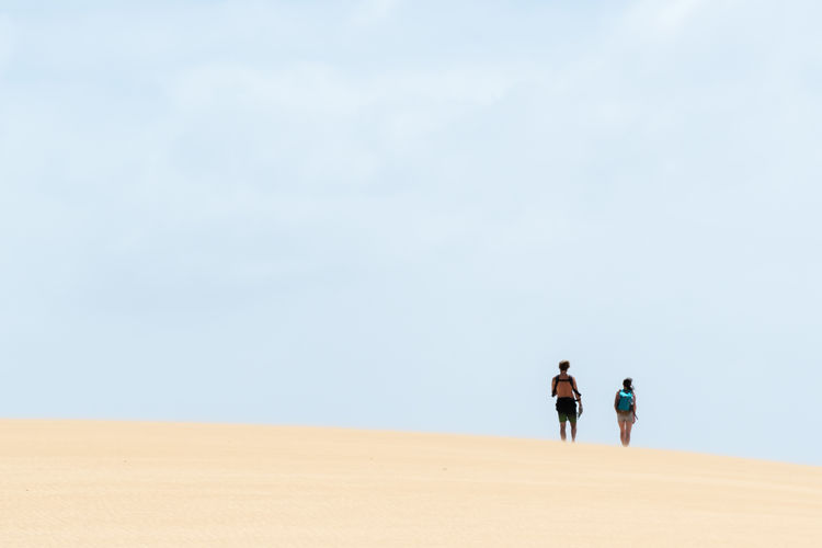 Rear view of friends walking on desert against sky during sunny day