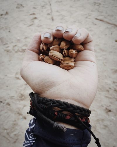 Cropped hand of woman holding pistachios