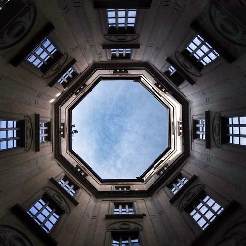 Directly below shot of building from courtyard