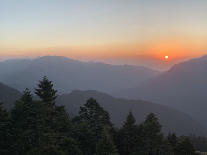 Scenic view of mountains against sky during sunset