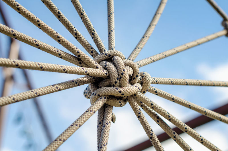 Close-up of ropes tied against sky