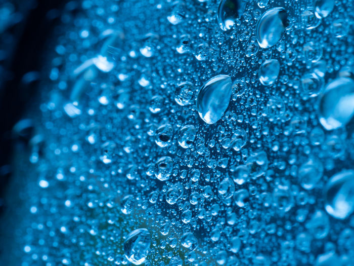 Close-up of water drops on blue glass