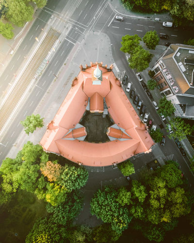 High angle view of woman by building in city