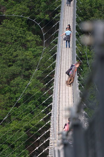 High angle view of people on footbridge