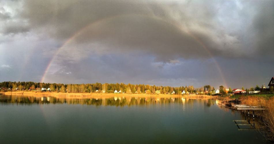 Scenic view of rainbow over lake against sky