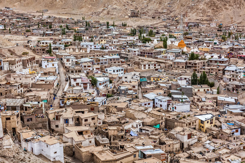 Aerial view of leh city from above. ladakh, india