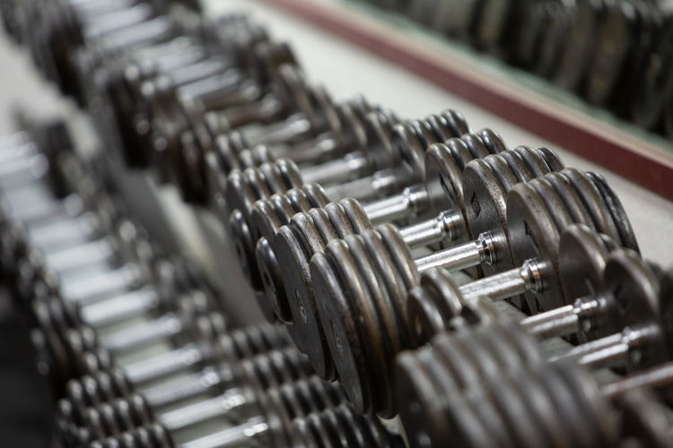 Close-up of dumbbells in row at gym