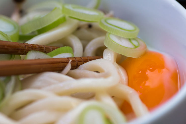 Close-up of udon noodles in bowl