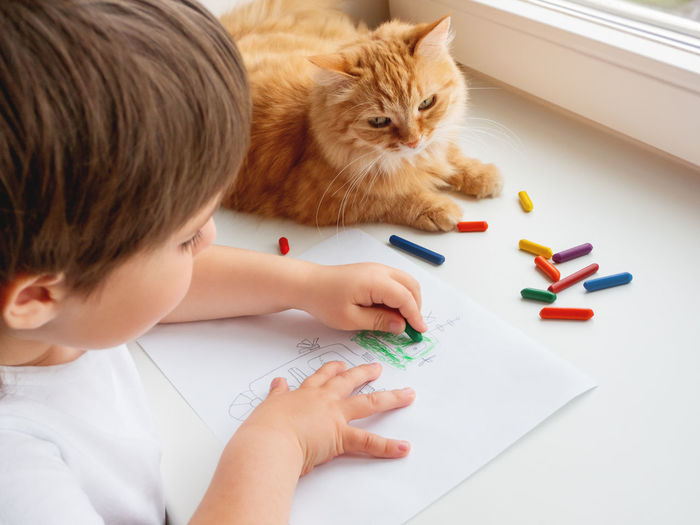 Left-handed toddler draws colorful robot. kid uses crayons to paint it. cute ginger cat with child. 