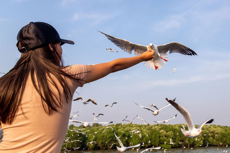 Rear view of woman feeding seagull against sky