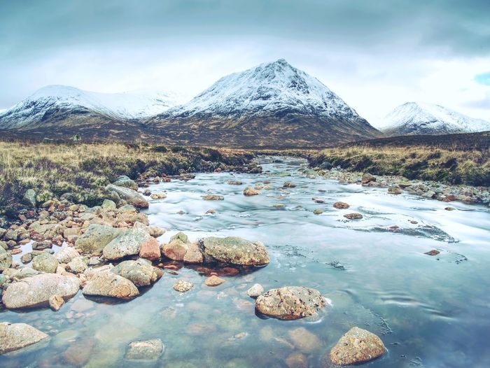 Rapids on mystic river coe, mountain landscape scenery in scotland. glen coe, scottish highlands