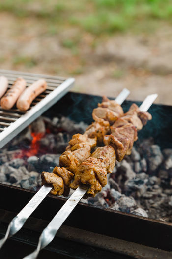Shish kebab made from pork and cooked on barbecue grill. traditional barbecue picnic food. 