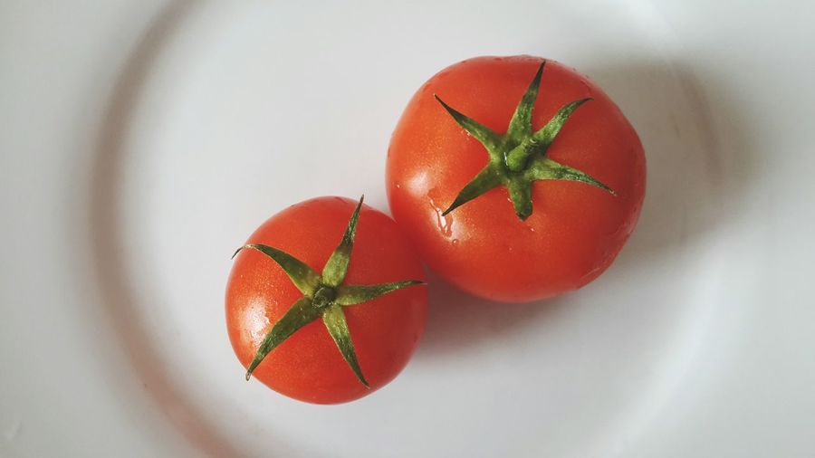 High angle view of tomatoes in plate on table