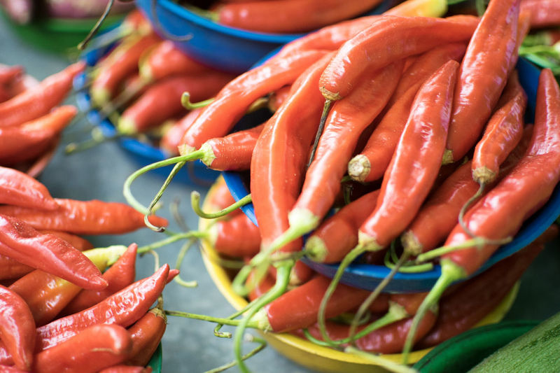 Close-up of red chili peppers at market
