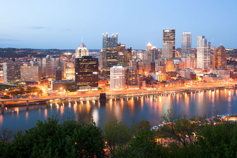 Skyline at night of the central business district of pittsburgh, pennsylvania, united states