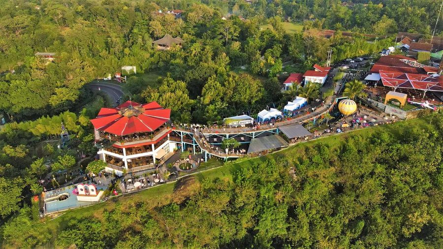 High angle view of houses in town