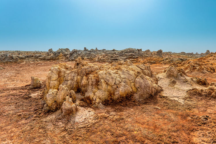 Panoramic view of arid landscape against clear sky
