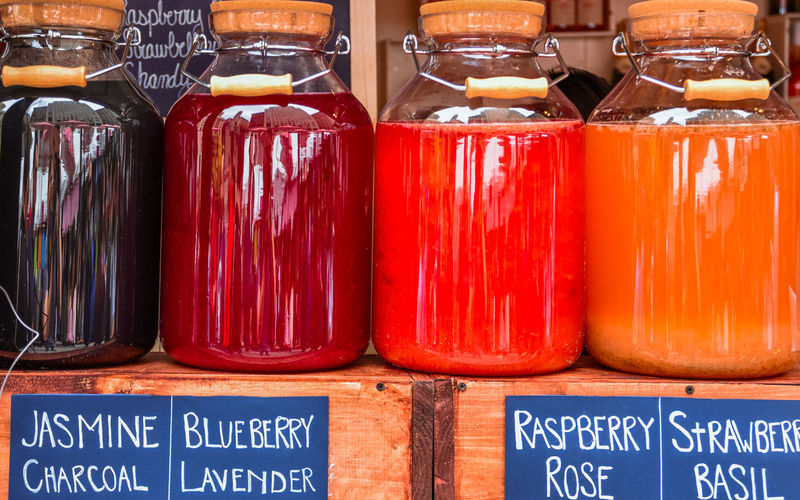 Organic handmade juices at a local food street market. new york. u.s.