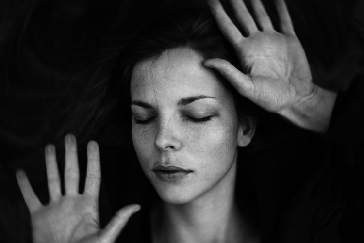 Adult Adults Only Close-up Day Headshot Human Body Part Human Hand Indoors One Person One Woman Only Only Women Palm People Real People Stop Gesture Touching Women Young Adult