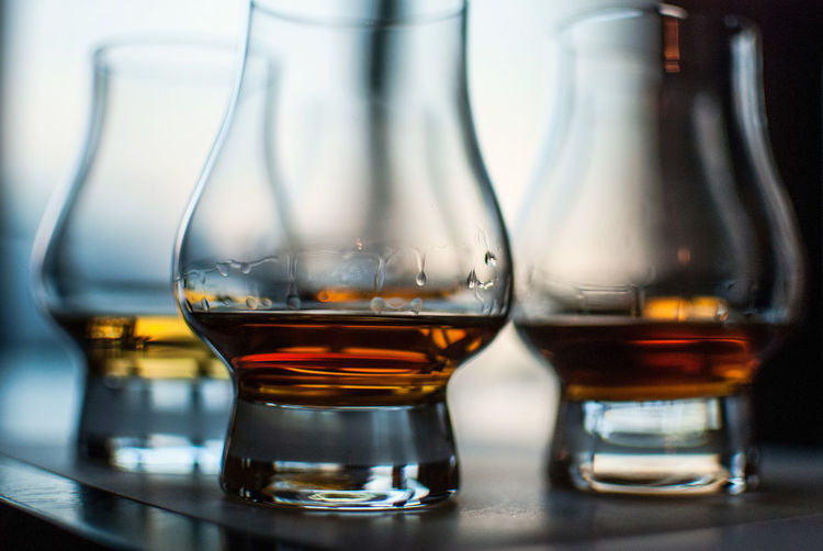 Close-up of scotch whiskey in glasses on table
