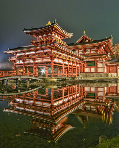 Reflection of temple in lake at night