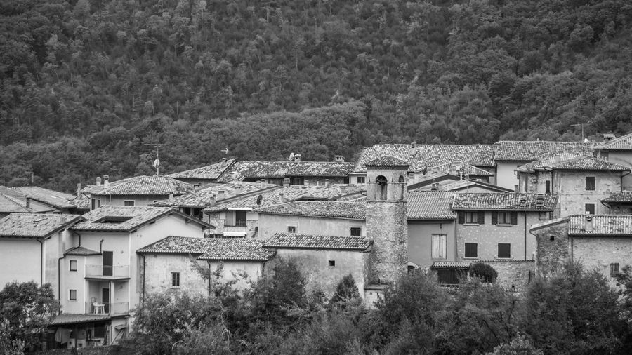 High angle view of old buildings in city