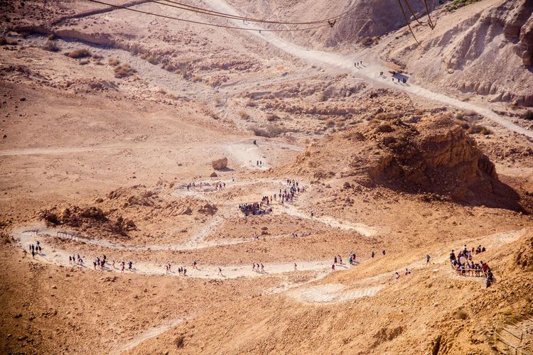 High angle view of people in desert