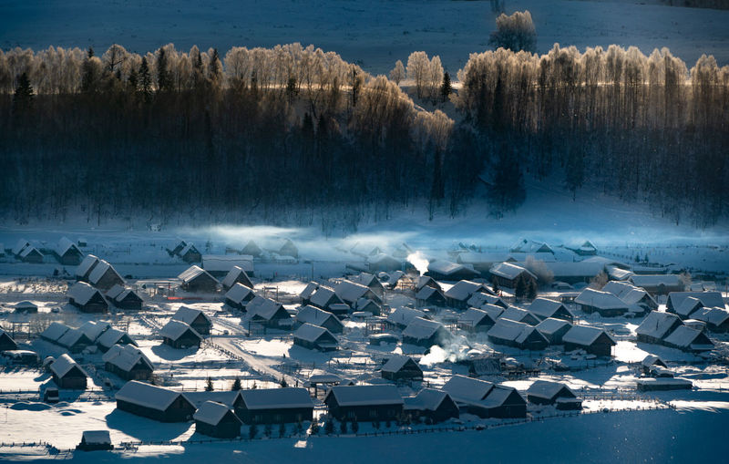 High angle view of snow covered houses