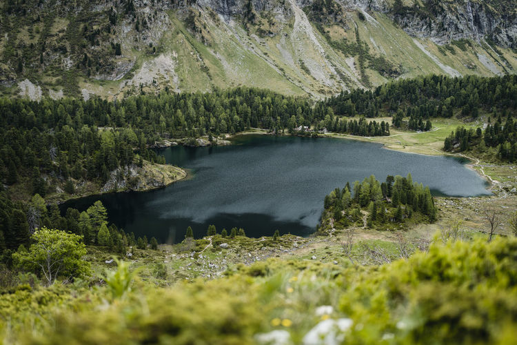 Cavloc mountain lake in the swiss alps near sankt moritz, engadin