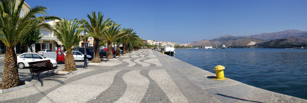 Panoramic view of people on road by palm trees against blue sky