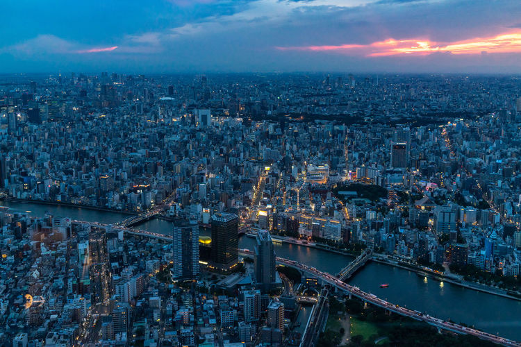 Cityscape of tokyo from the skytree at sunset, japan