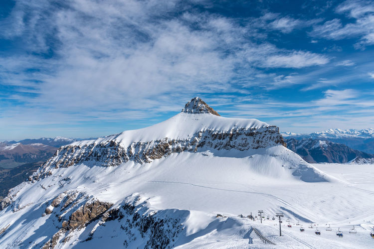 A winter day on the diablerets glacier at 3000 meters above sea level in switzerland