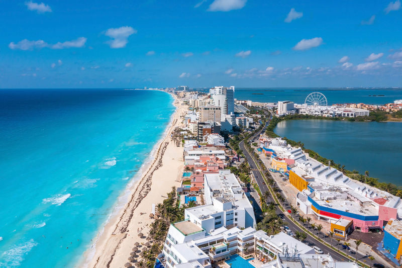 Aerial view of the luxury hotels in cancun