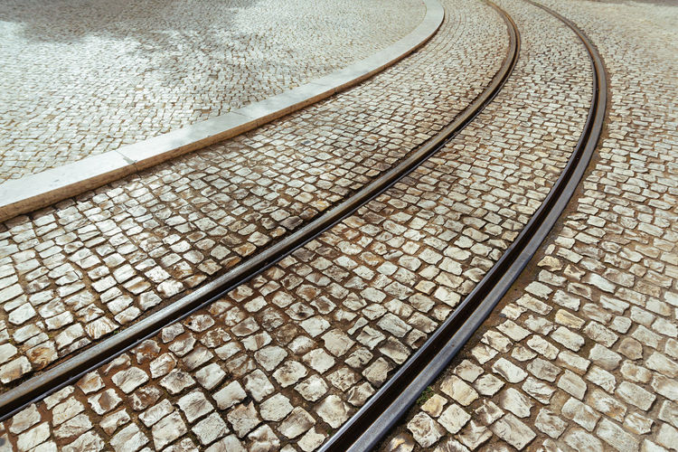 High angle view of railroad tracks on street