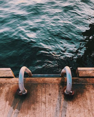 High angle view of ropes on pier