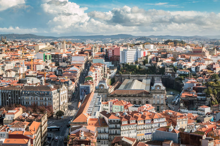 High angle view of buildings in city