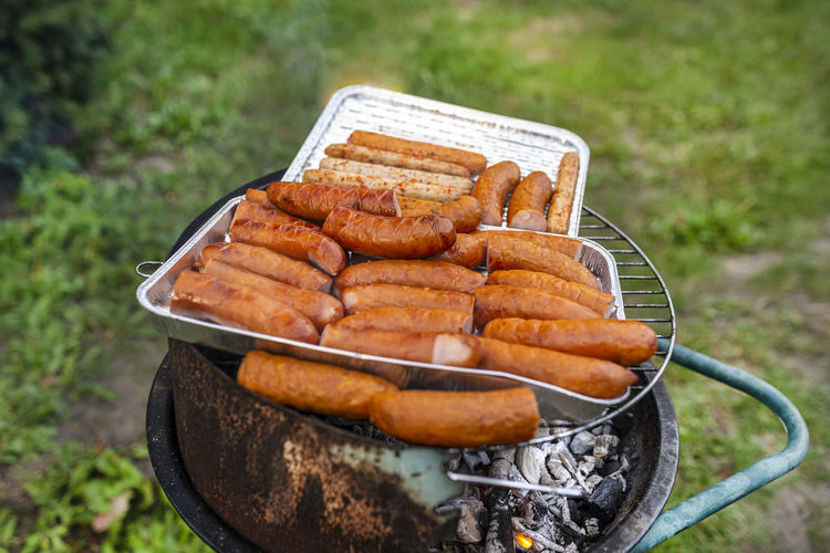 The seasoned and incised sausage lying on an aluminum tray, on a managing grill, in the home garden.