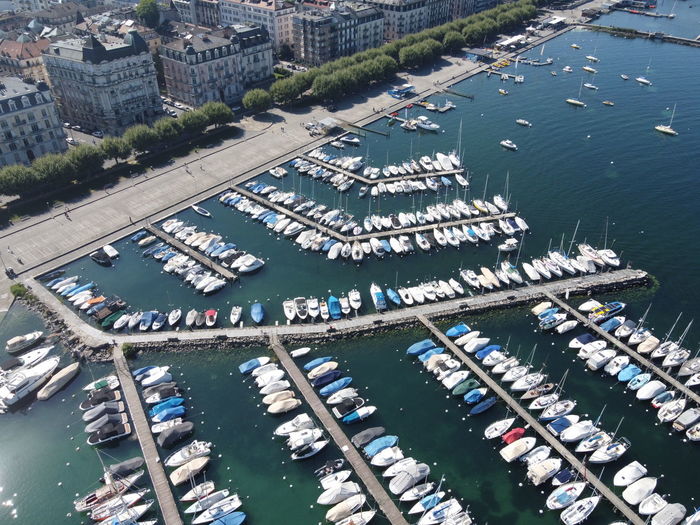 Geneva port des eaux vives marina, switzerland on a beautiful sunny, picture taken by drone