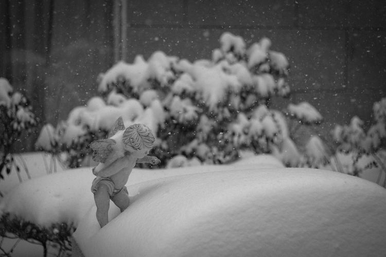 Angel figurine on snow during winter