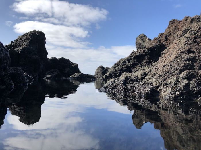 Reflection of rock formations in water against sky