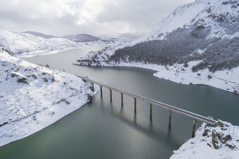 Snowy reservoir from aerial view