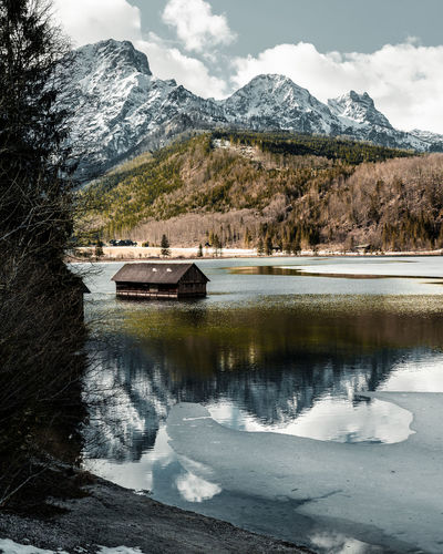 Scenic view of lake by snowcapped mountains during winter