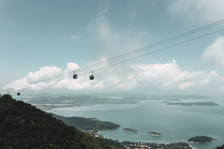 Aerial view of langkawi cable car over mountain against cloudy sky