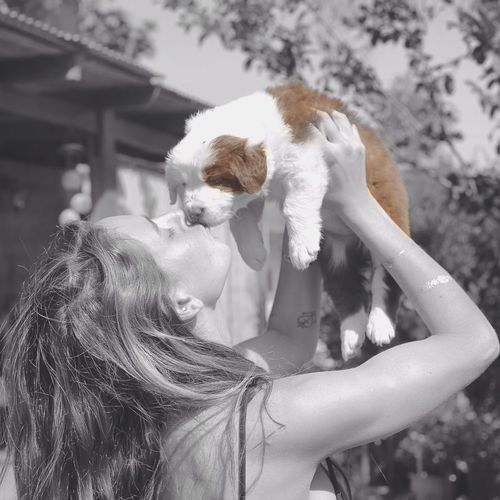 Young woman kissing while carrying puppy during sunny day