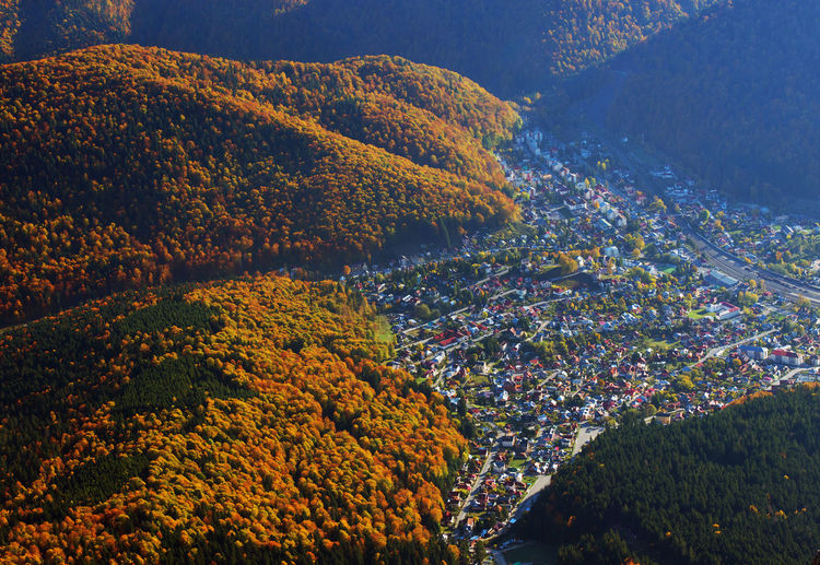 High angle view of houses amidst mountains at bucegi natural park