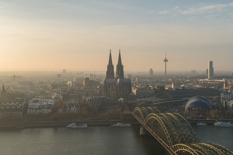 Aerial view on cologne city and hohenzollern bridge in cologne, germany