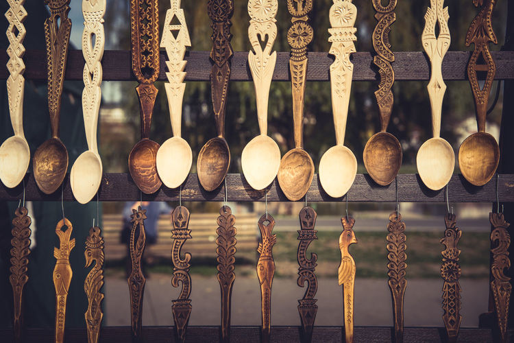 Close-up of wooden spoon for sale