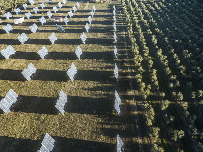 Aerial view of solar panels in a rural landscape in spain
